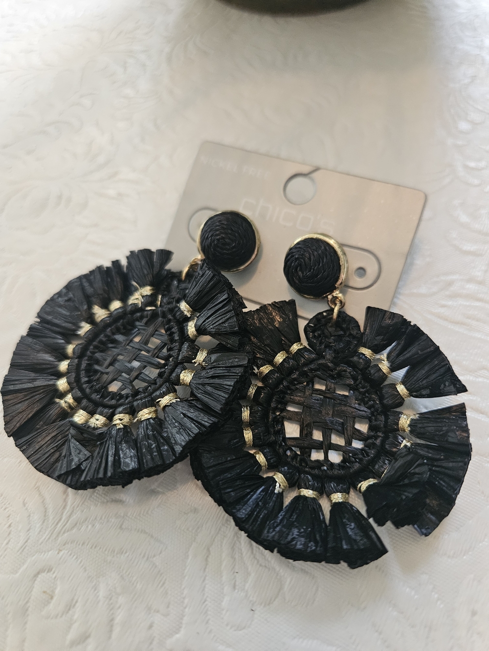 Chico's Black and Gold Raffia Hoop Drop Earrings